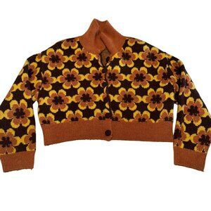 Zara Orange Black Floral Print Jacquard Zip Cardigan Sweater Women's Small S